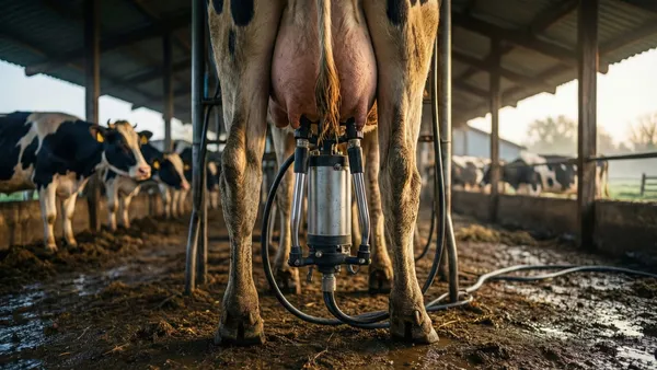 Ordenhadeira mecânica em uso em curral rural isolado da rede eletrica ao amanhecer