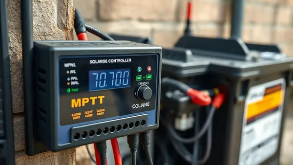 Controlador MPPT com display mostrando parâmetros de tensão de carga conectado a banco de baterias LFP off-grid