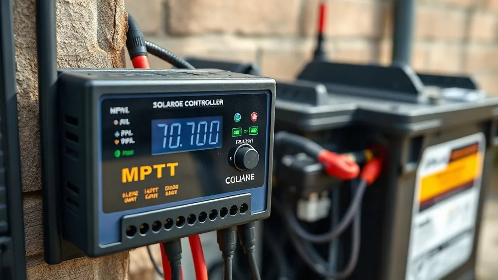 Controlador MPPT com display mostrando parâmetros de tensão de carga conectado a banco de baterias LFP off-grid