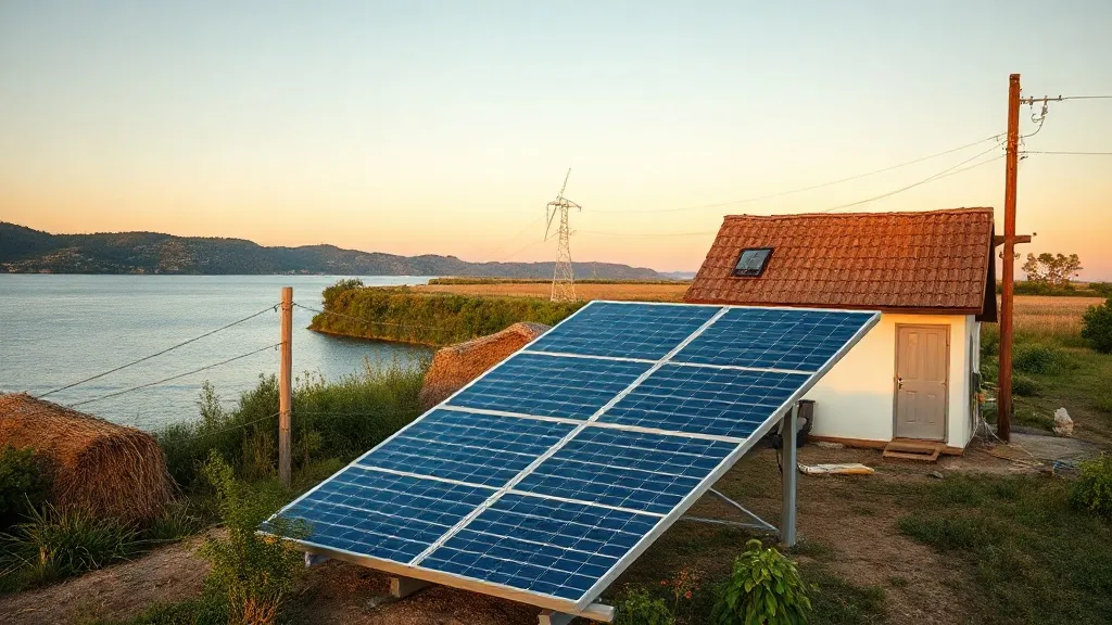 Array de painéis solares carregando um banco de baterias off-grid em propriedade rural sob sol forte