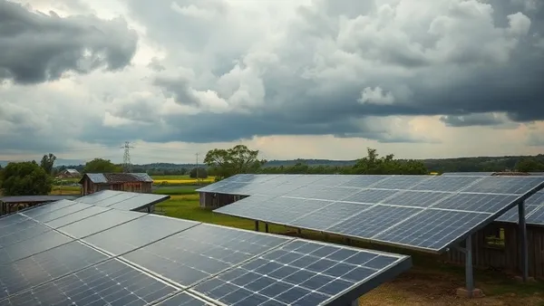 Painel solar coberto de nuvens escuras em propriedade rural durante período de chuva no interior do Brasil