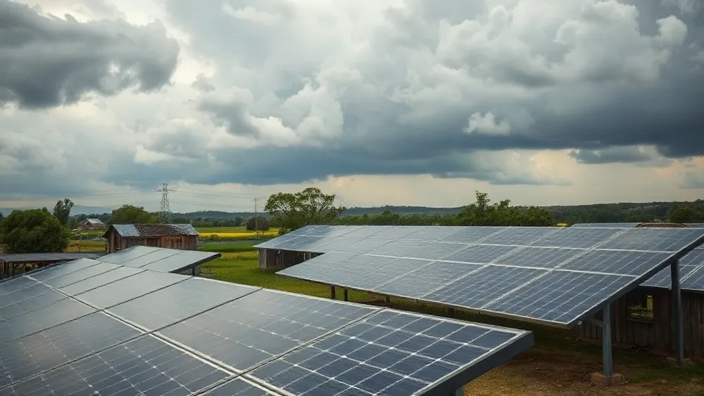 Painel solar coberto de nuvens escuras em propriedade rural durante período de chuva no interior do Brasil