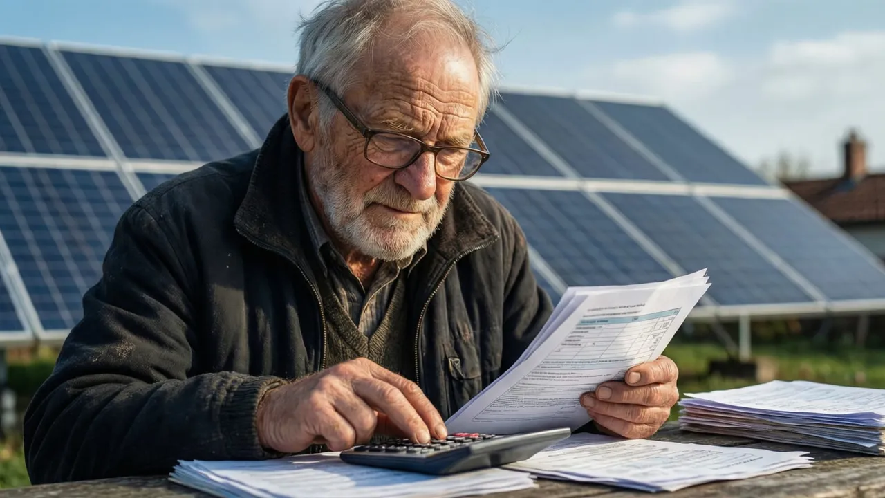 Pessoa aposentada revisando papelada de banco e calculadora em mesa, com painéis solares residenciais visíveis pela janela ao fundo