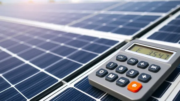 Contrato de financiamento solar sobre mesa com calculadora e fatura de energia elétrica