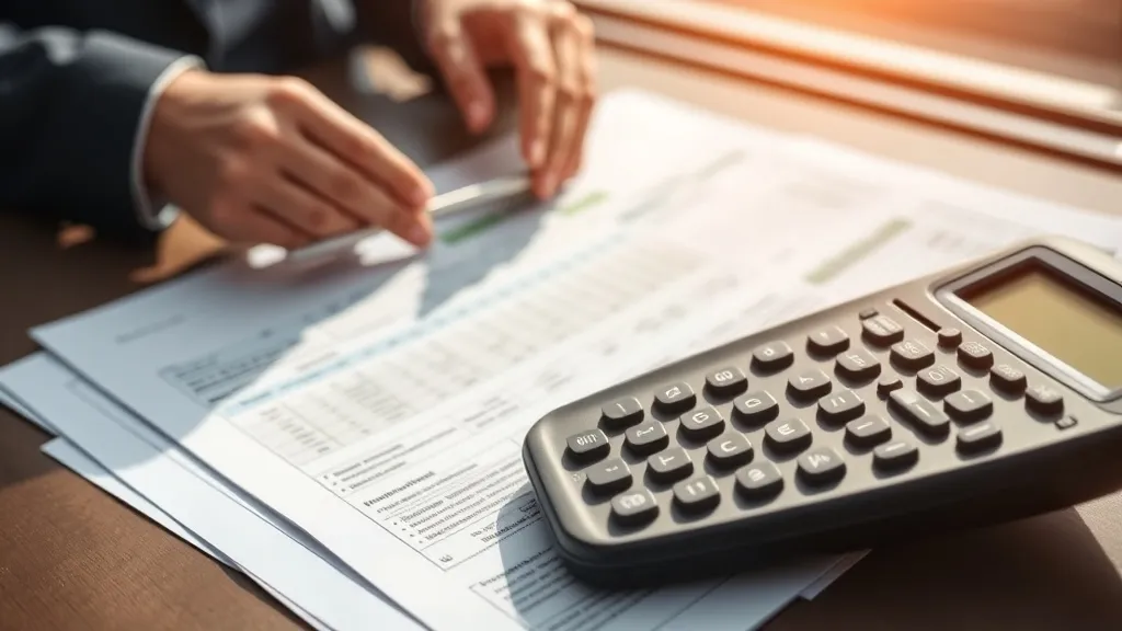 Documentos financeiros, calculadora e proposta de sistema solar sobre mesa de trabalho