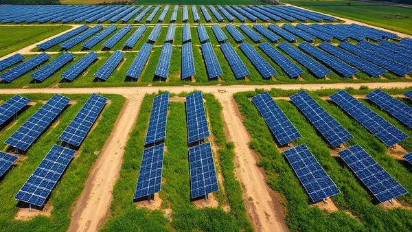 Vista aérea de fazenda solar com fileiras de painéis fotovoltaicos em campo aberto