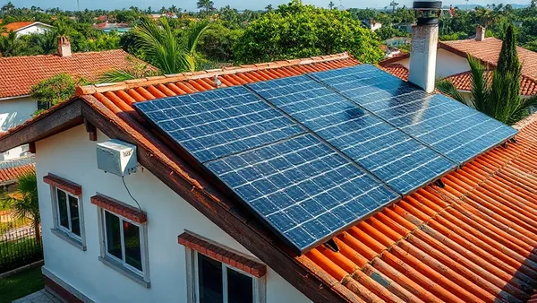 Painéis solares no telhado de uma casa com unidade condensadora de ar-condicionado ao lado, sob sol forte no verão brasileiro