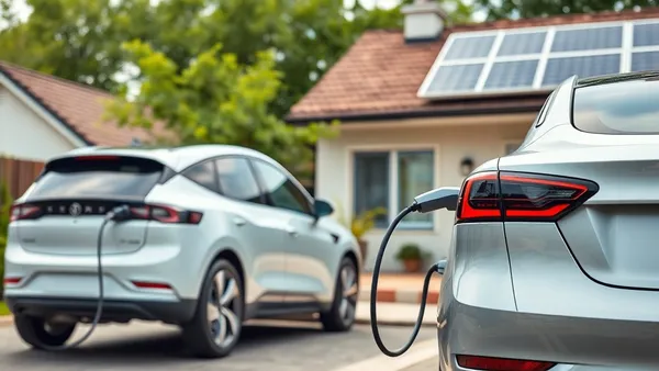 Carro elétrico conectado a um carregador residencial em frente a uma casa com painéis solares no telhado