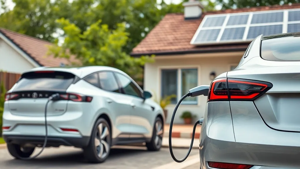 Carro elétrico conectado a um carregador residencial em frente a uma casa com painéis solares no telhado