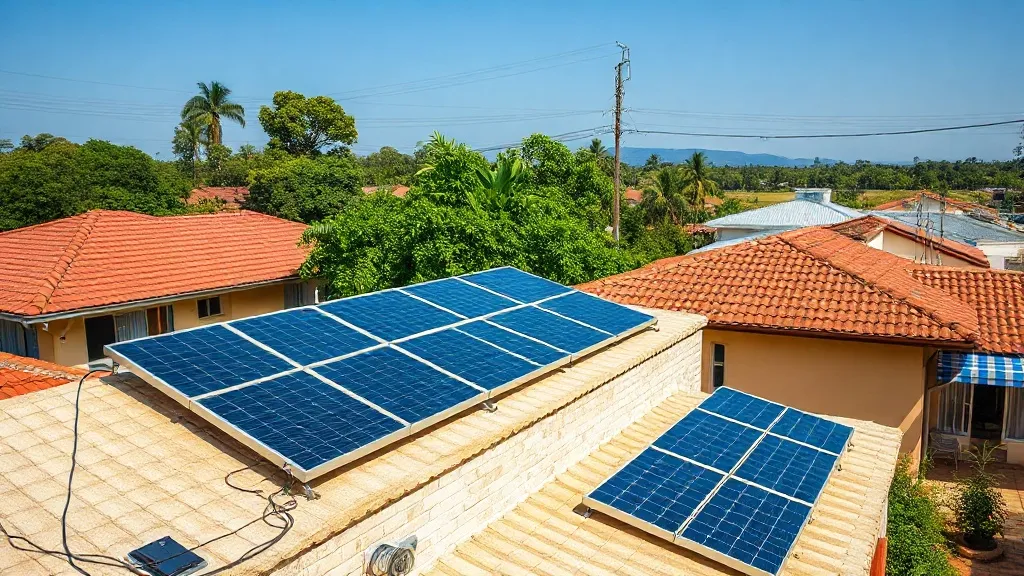 Painéis solares no telhado de duas casas residenciais vizinhas em bairro brasileiro, céu claro ao fundo