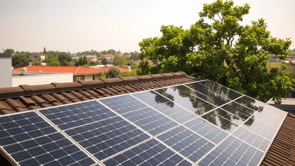 Painéis solares em telhado residencial com sombra de árvore cobrindo parte dos módulos, luz solar entrando de lado