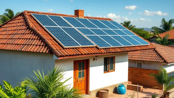 Painéis solares instalados no telhado de uma residência simples com fachada popular, céu claro ao fundo