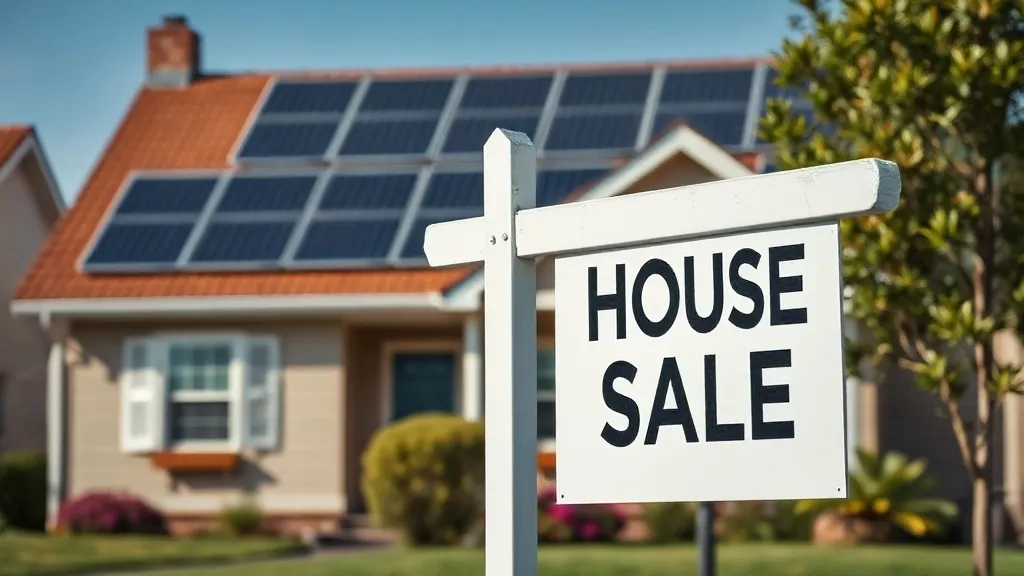 Placa de imóvel à venda em frente a uma casa com painéis solares no telhado, representando a decisão de instalar solar antes de mudar de residência