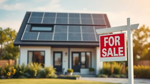 Casa moderna com painéis solares no telhado e placa de imóvel à venda no jardim