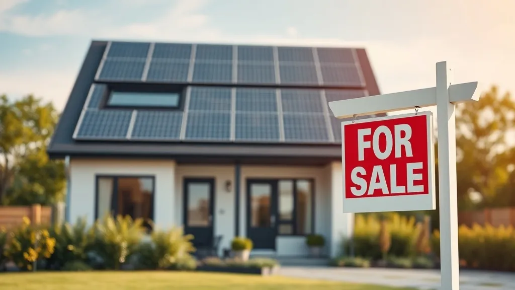Casa moderna com painéis solares no telhado e placa de imóvel à venda no jardim