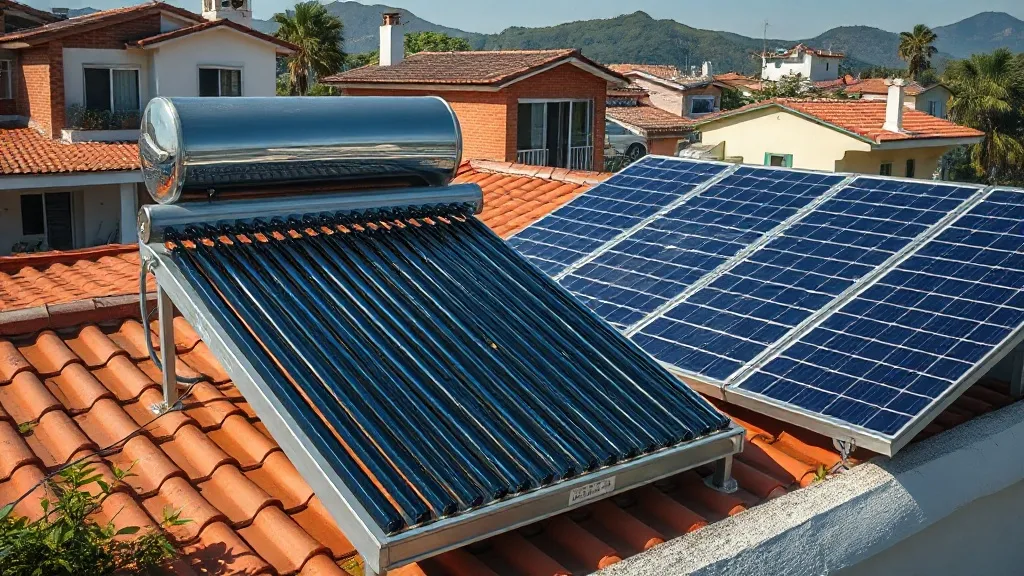 Telhado residencial com coletores solares térmicos para aquecimento de água e painéis fotovoltaicos instalados lado a lado