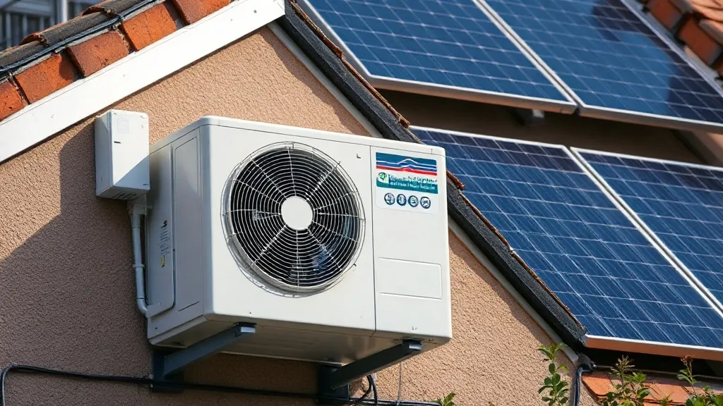Condensadora de ar-condicionado na parede de casa residencial com painéis solares fotovoltaicos no telhado