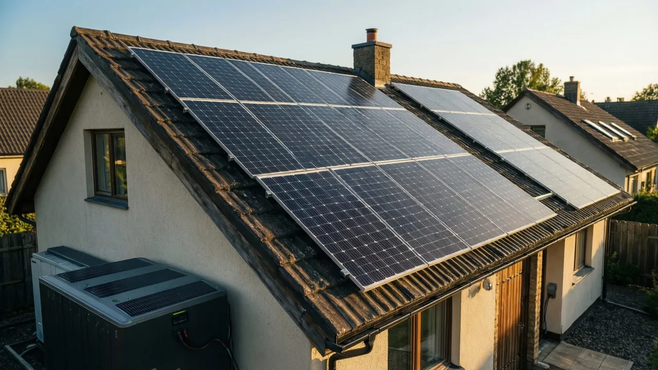 Inversor híbrido solar e banco de baterias instalados na parede de uma garagem residencial
