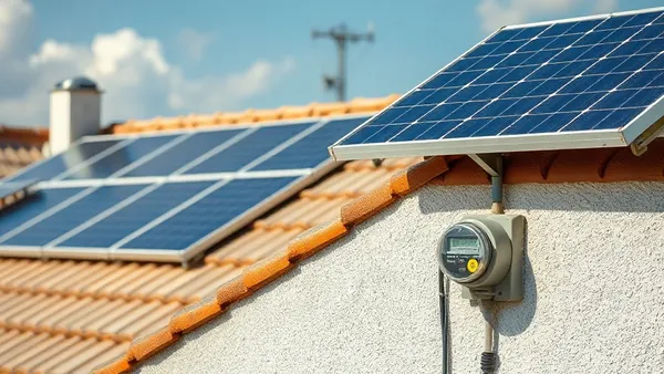 Painéis solares em telhado de casa ao lado de medidor bidirecional de energia
