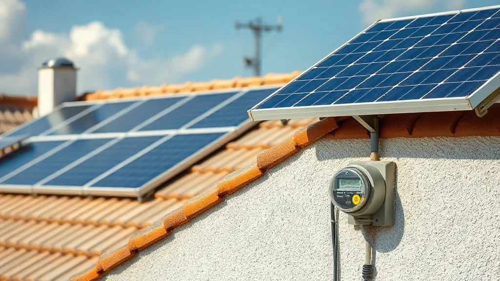 Painéis solares em telhado de casa ao lado de medidor bidirecional de energia