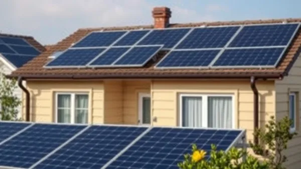 Painéis solares fotovoltaicos em telhado residencial com calculadora e documentos de financiamento à frente