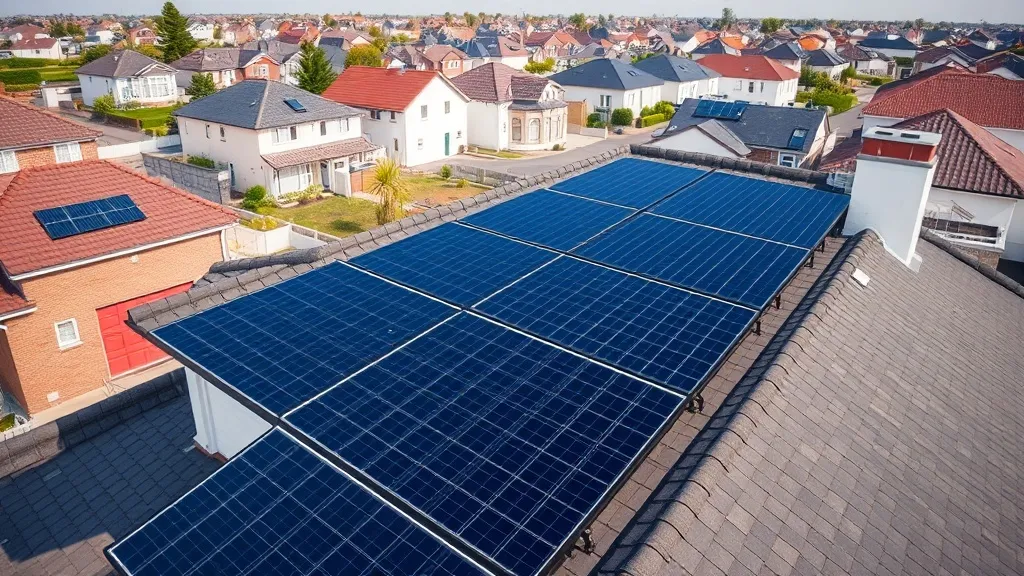 Casa residencial com painéis solares no telhado em bairro urbano
