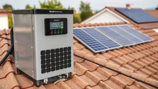 Display digital de inversor solar fotovoltaico residencial com leituras de potência e tensão em parede interna