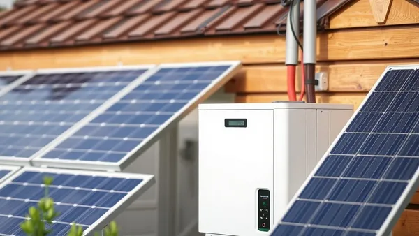 Inversor solar instalado em parede de garagem residencial com fiação organizada e painéis visíveis ao fundo