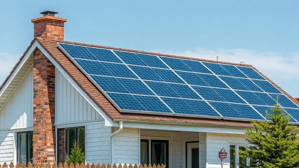 Painéis solares fotovoltaicos instalados em telhado de residência com vista do céu azul e área verde ao redor