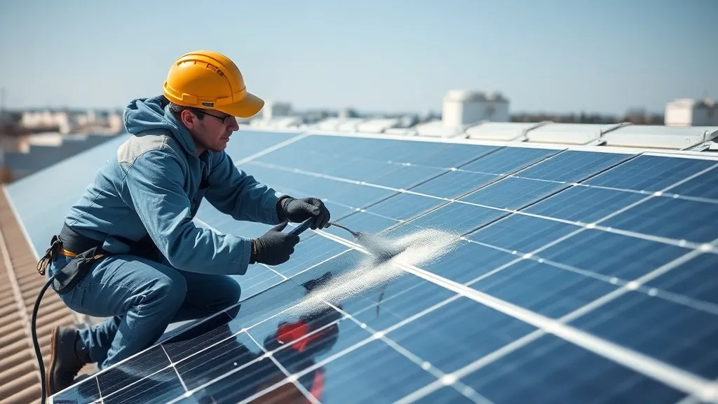 Técnico limpando painéis solares residenciais no telhado com pano e água