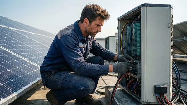Técnico inspecionando inversor solar e painéis fotovoltaicos no telhado de uma casa