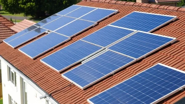 Painéis solares fotovoltaicos instalados em telhado residencial com pessoa analisando proposta comercial