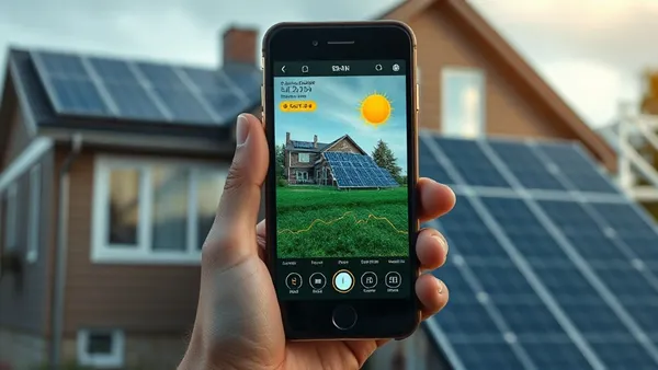 Painel de monitoramento de energia solar em aplicativo de celular logo após instalação residencial