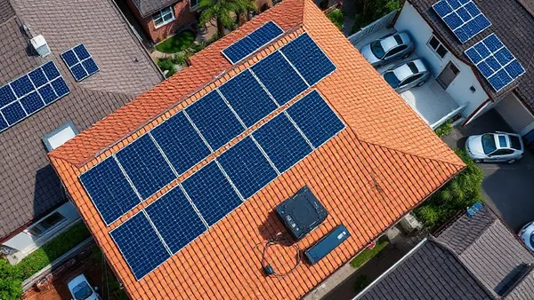 Vista aérea de painéis solares fotovoltaicos cobrindo o telhado de uma casa residencial