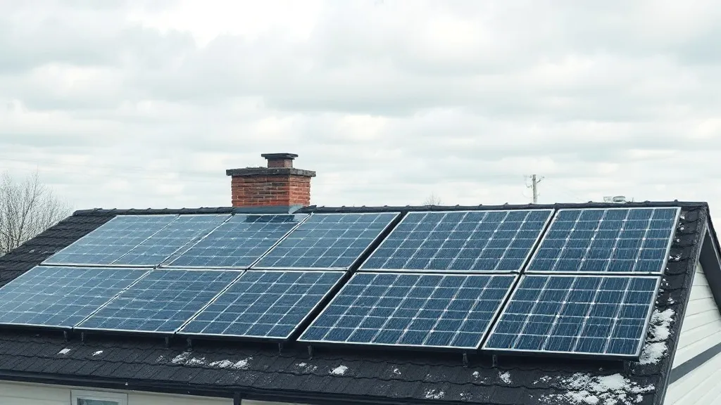 Painéis solares fotovoltaicos em telhado residencial sob céu com nuvens esparsas em dia de inverno