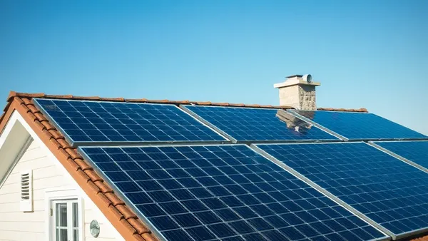 Painéis solares fotovoltaicos instalados em telhado de residência brasileira sob céu claro com vegetação ao fundo