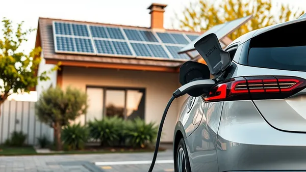 Carro elétrico carregando em garagem residencial com painéis solares fotovoltaicos no telhado da casa