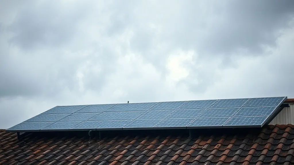 Painéis solares em telhado residencial sob céu encoberto e cinzento de chuva