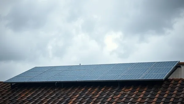 Painéis solares em telhado residencial sob céu encoberto e cinzento de chuva