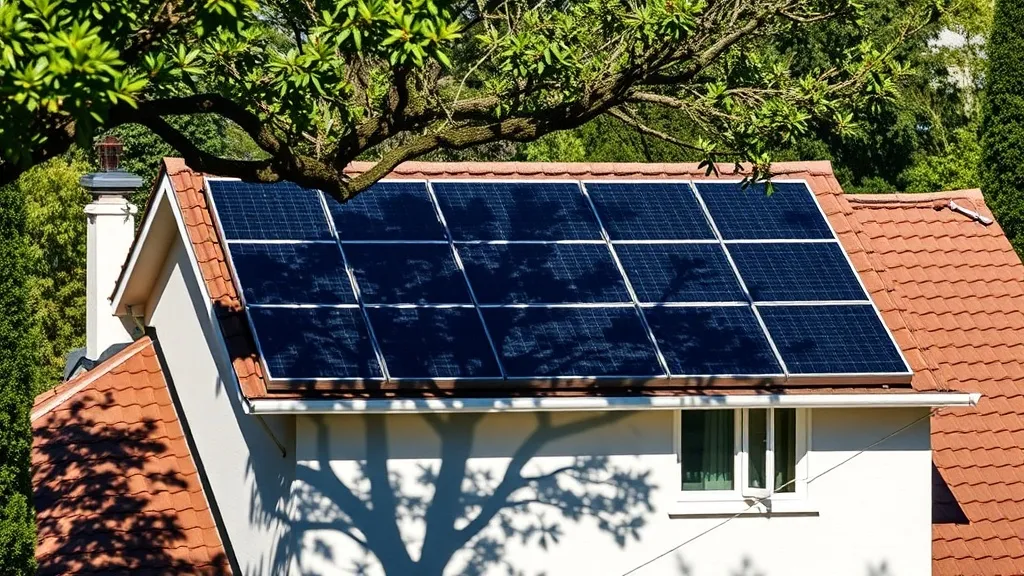Painel solar fotovoltaico em telhado residencial com sombra de árvore projetada sobre parte dos módulos durante o dia
