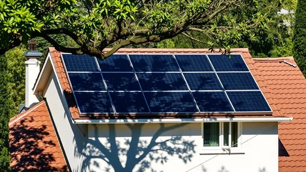 Painel solar fotovoltaico em telhado residencial com sombra de árvore projetada sobre parte dos módulos durante o dia