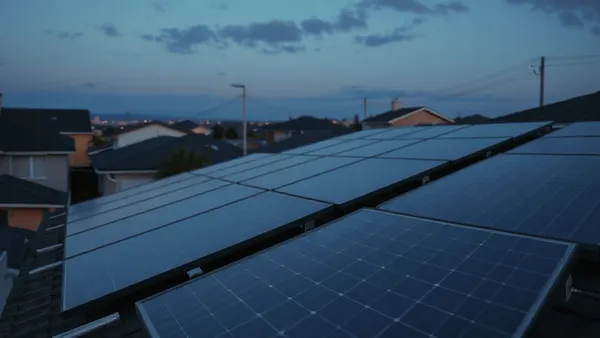 Telhado residencial brasileiro coberto por fileiras de painéis solares fotovoltaicos sob céu parcialmente nublado ao entardecer